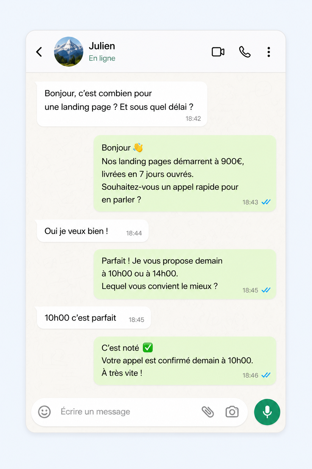Exemple agence : conversation WhatsApp où Automatit répond à une demande de tarif et fixe un appel avec le prospect