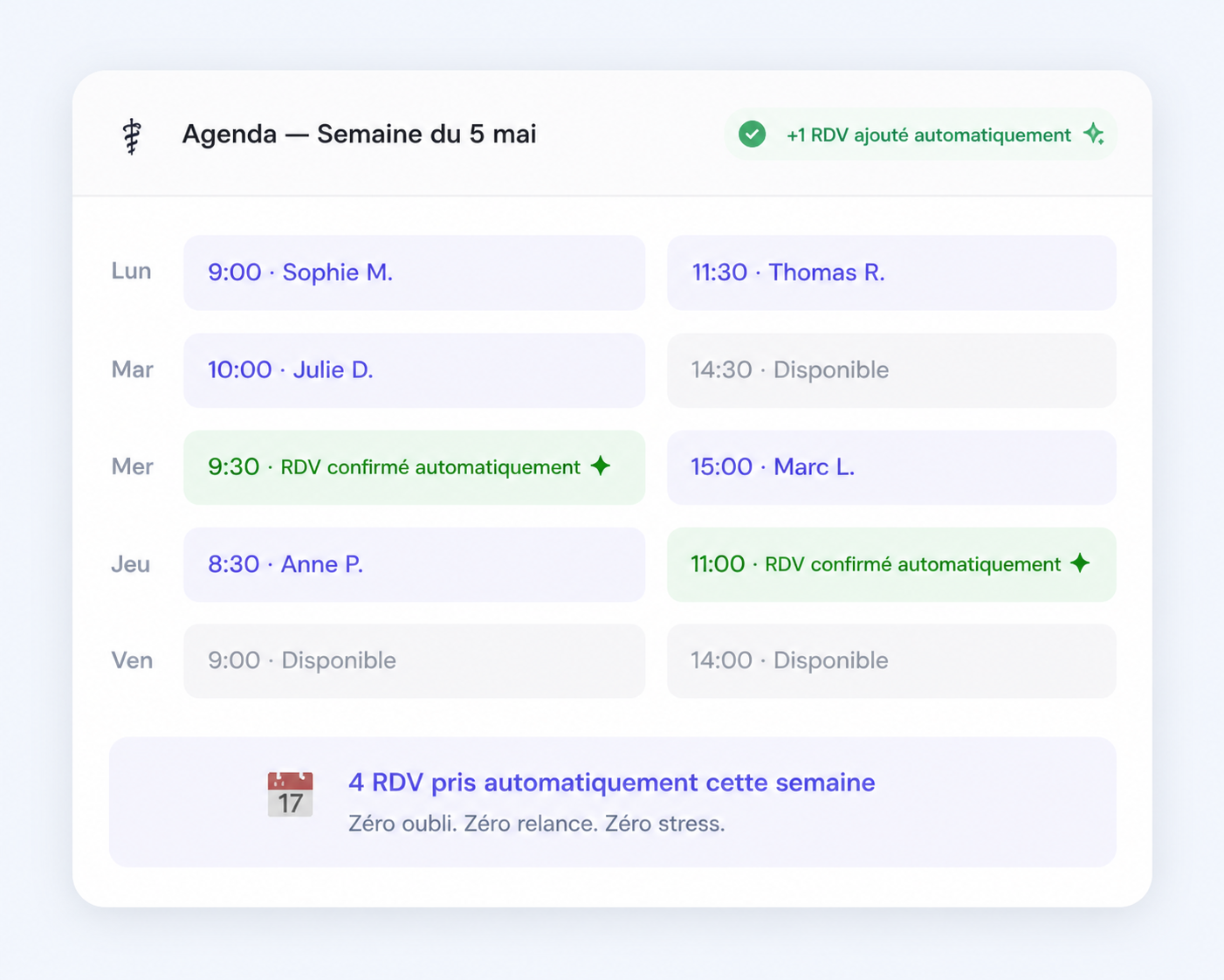 Exemple santé : agenda de la semaine avec des rendez-vous ajoutés et confirmés automatiquement par Automatit